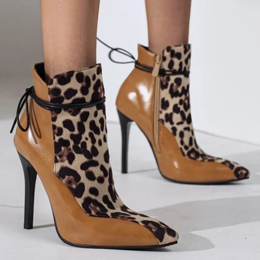 Women's Lace Ankle Boots Leopard Print High Stiletto Heels Zipper EU 38 US 7.5-8 - Picture 2 of 16